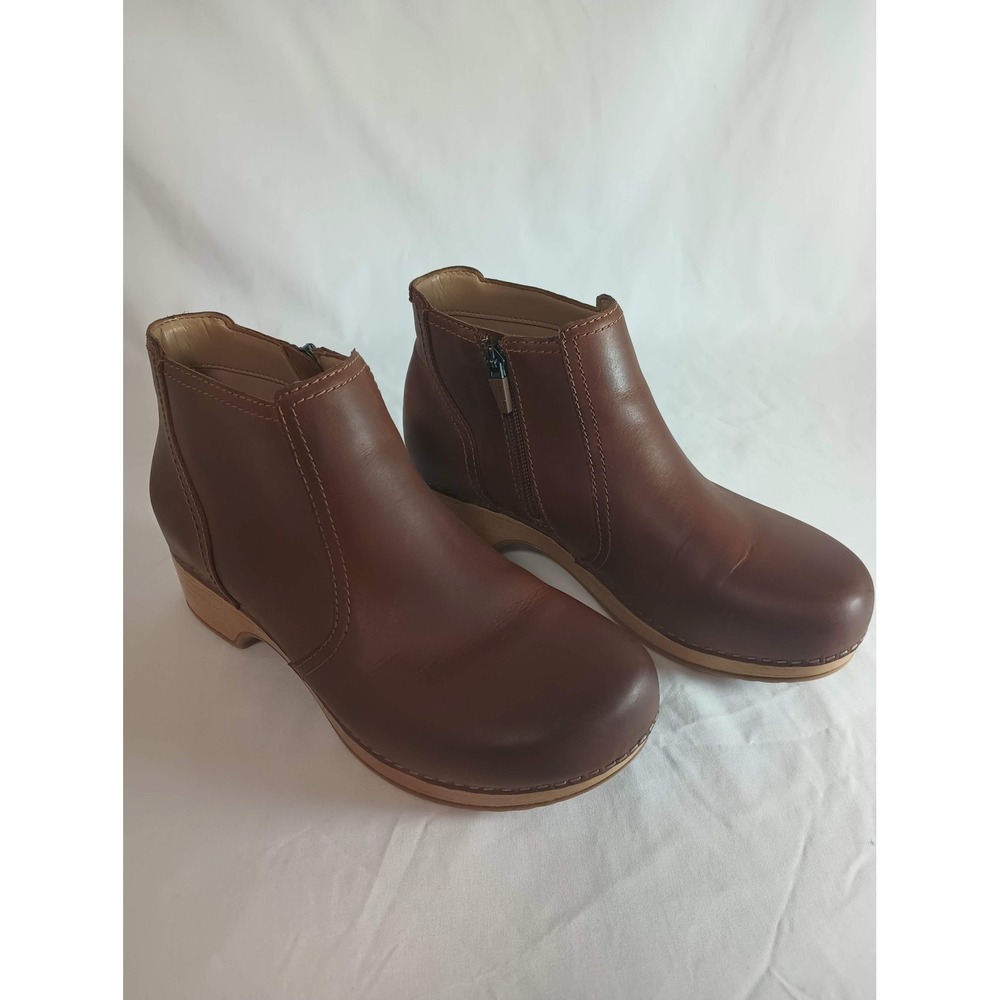Dansko Barbara Brown Leather Ankle Boots Clog Booties Side Zip Womens Size 37 - Picture 1 of 9